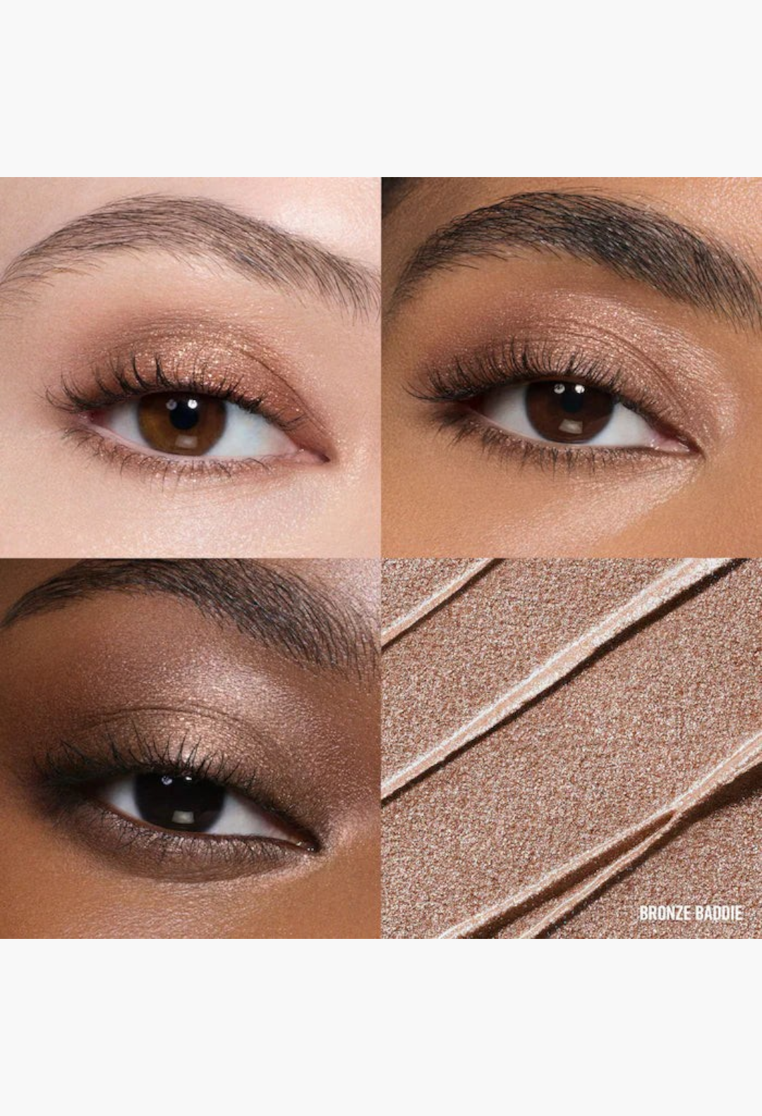 GLAM MODA long-wear cream eyeshadow in Bronze Baddie, showing shimmer finish on eyelids and a product swatch.