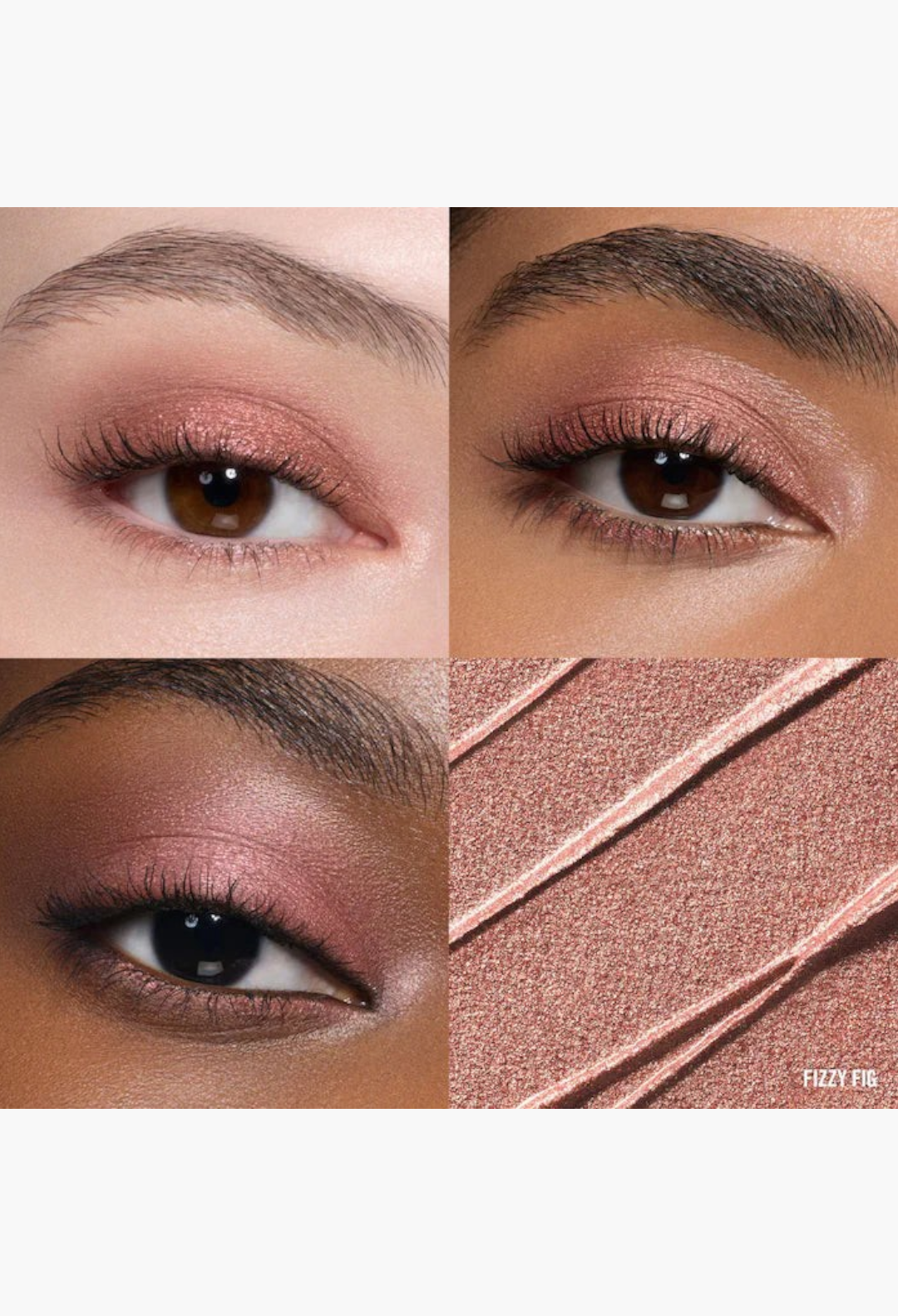 GLAM MODA long-wear cream eyeshadow in Fizzy Fig shade, shown as applied shimmer makeup on eyes and as a product swatch