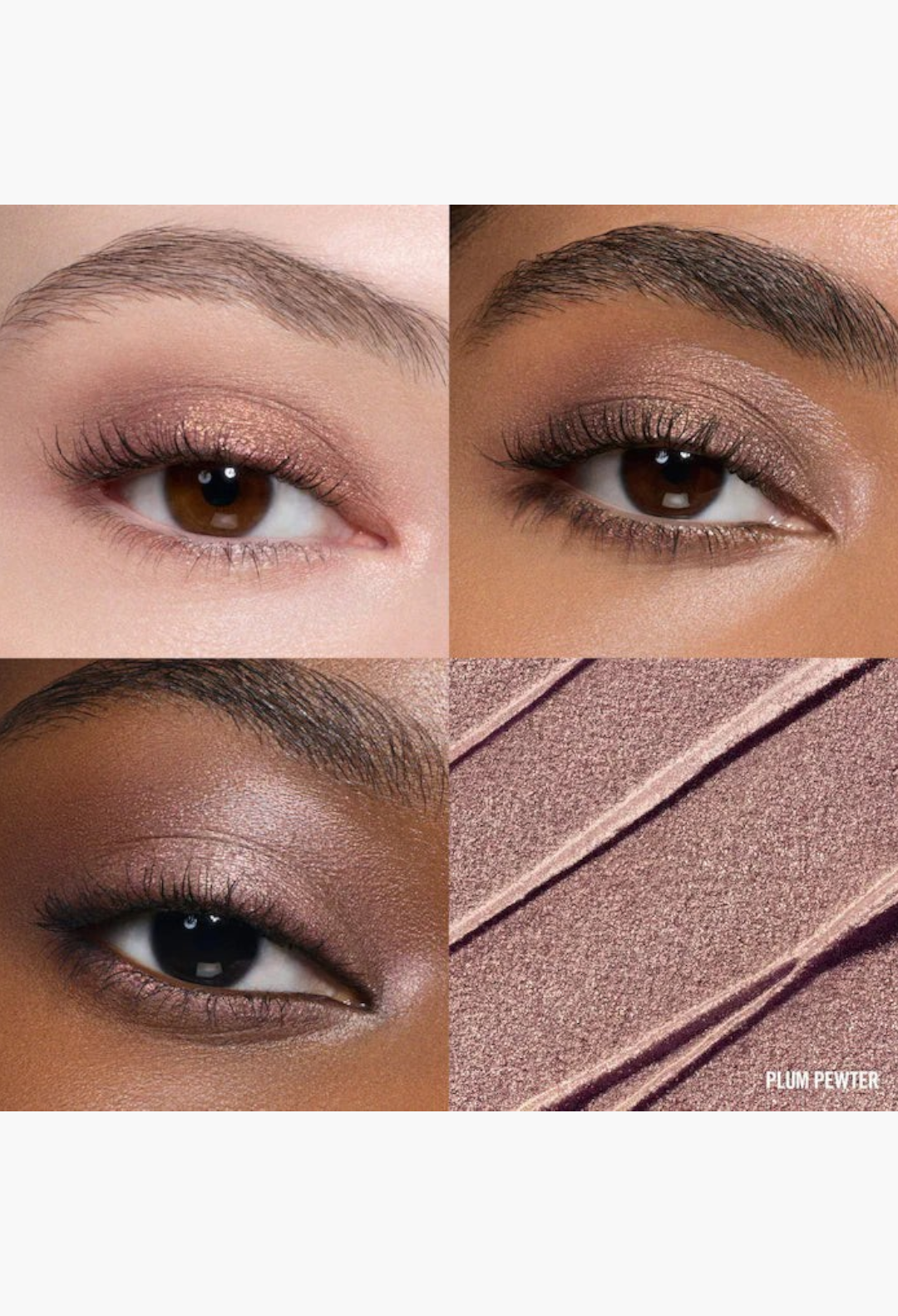 GLAM MODA long-wear cream eyeshadow in Plum Pewter, showing shimmer finish swatches and application on the eyelid.