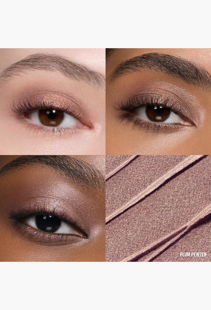 GLAM MODA long-wear cream eyeshadow in Plum Pewter, showing shimmer finish swatches and application on the eyelid.