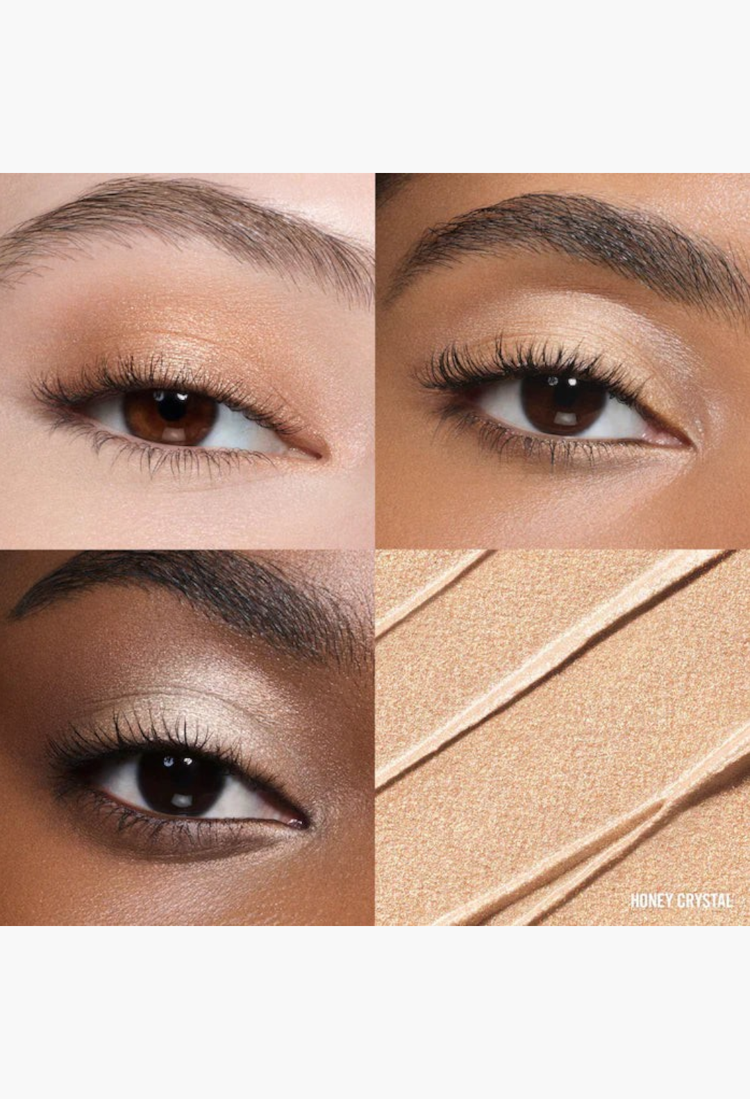 GLAM MODA long-wear cream eyeshadow in Honey Crystal, showing shimmer finish swatches and application on diverse skin tones.