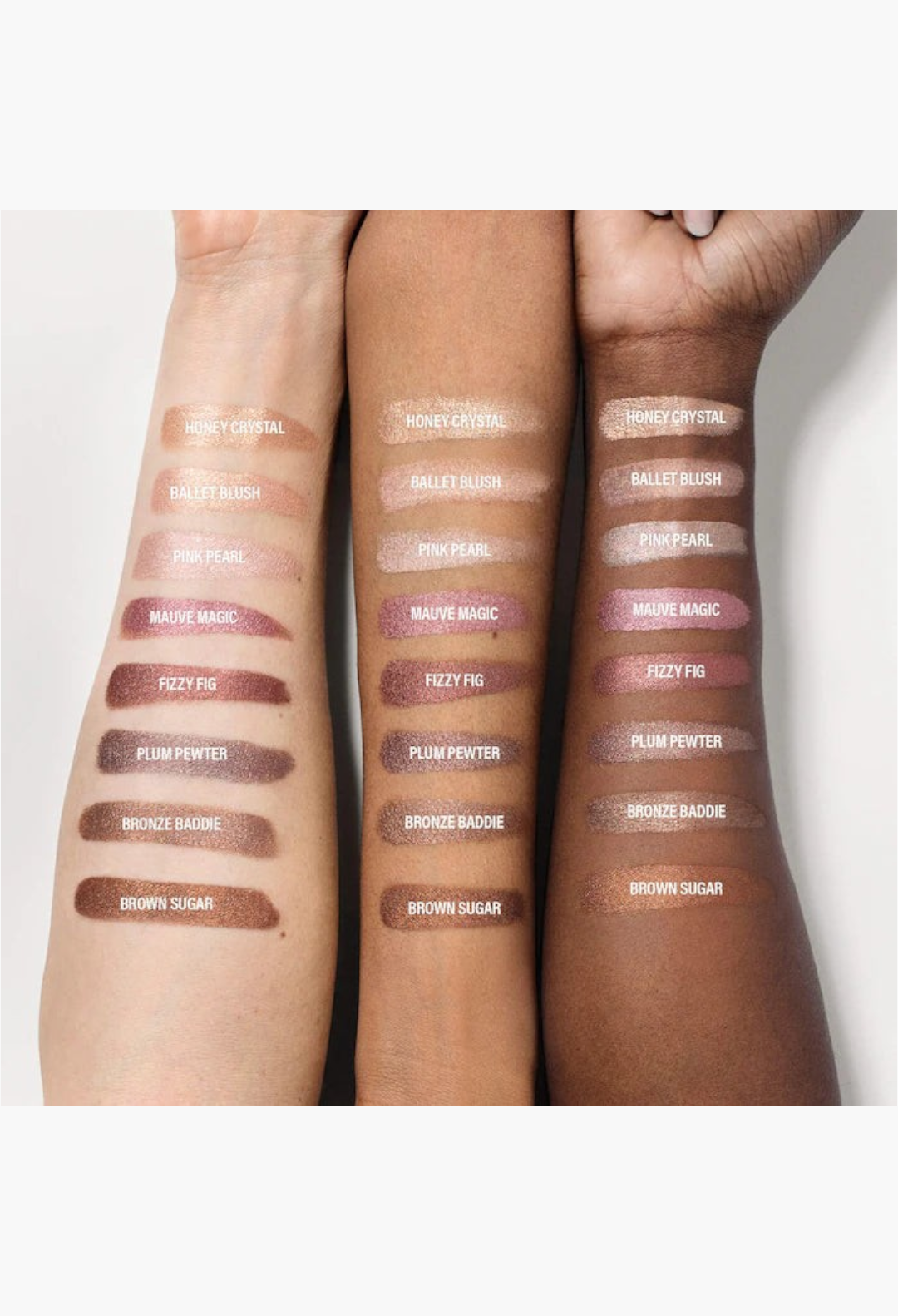 GLAM MODA cream eyeshadow swatches in various shimmer shades on three different skin tones for comparison
