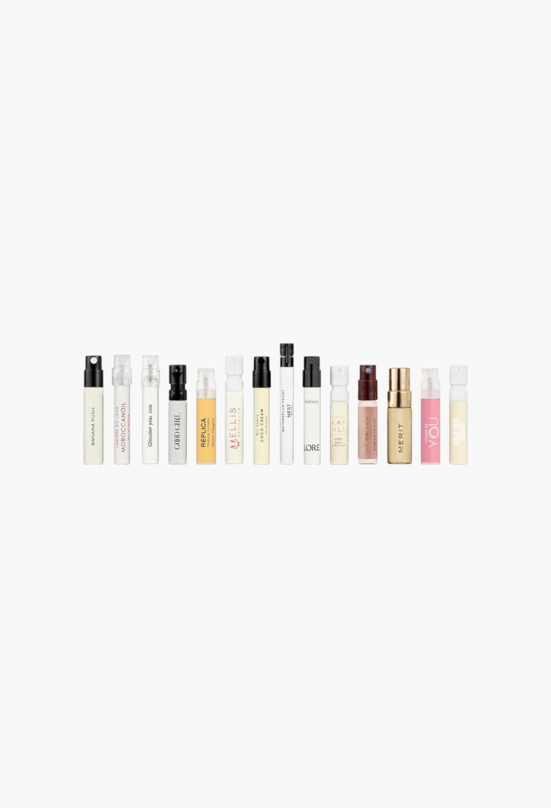 GLAM MODA Golden Hour perfume sampler set featuring 14 assorted luxury fragrance vials with a redeemable voucher.