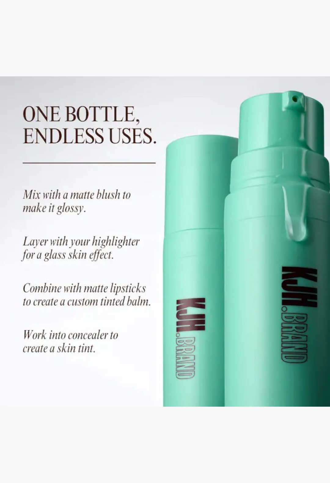 GLAM MODA Hyper Shine Glass Skin Makeup Mixing Serum in a mint green pump bottle for a dewy, luminous finish.