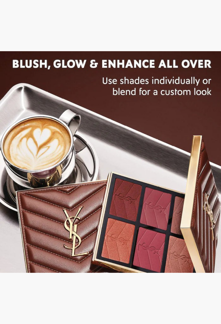 GLAM MODA YSL Brewed Reflections Couture Face Palette featuring six blush and highlighter shades in a brown clutch