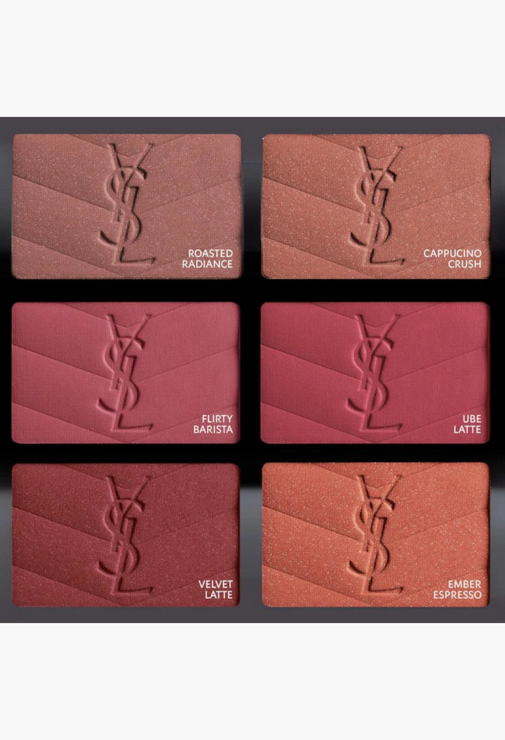 GLAM MODA YSL Brewed Reflections Couture Face Palette featuring six shades of blush and blushlighter with embossed logos