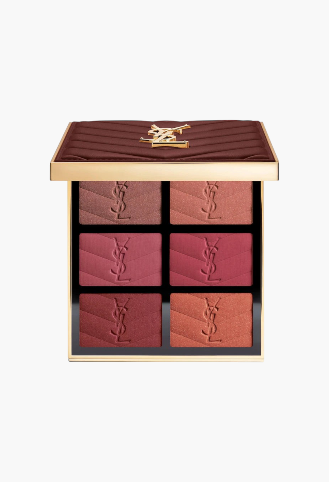 GLAM MODA YSL Brewed Reflections Couture Face Palette featuring six blush and blushlighter shades in an espresso clutch