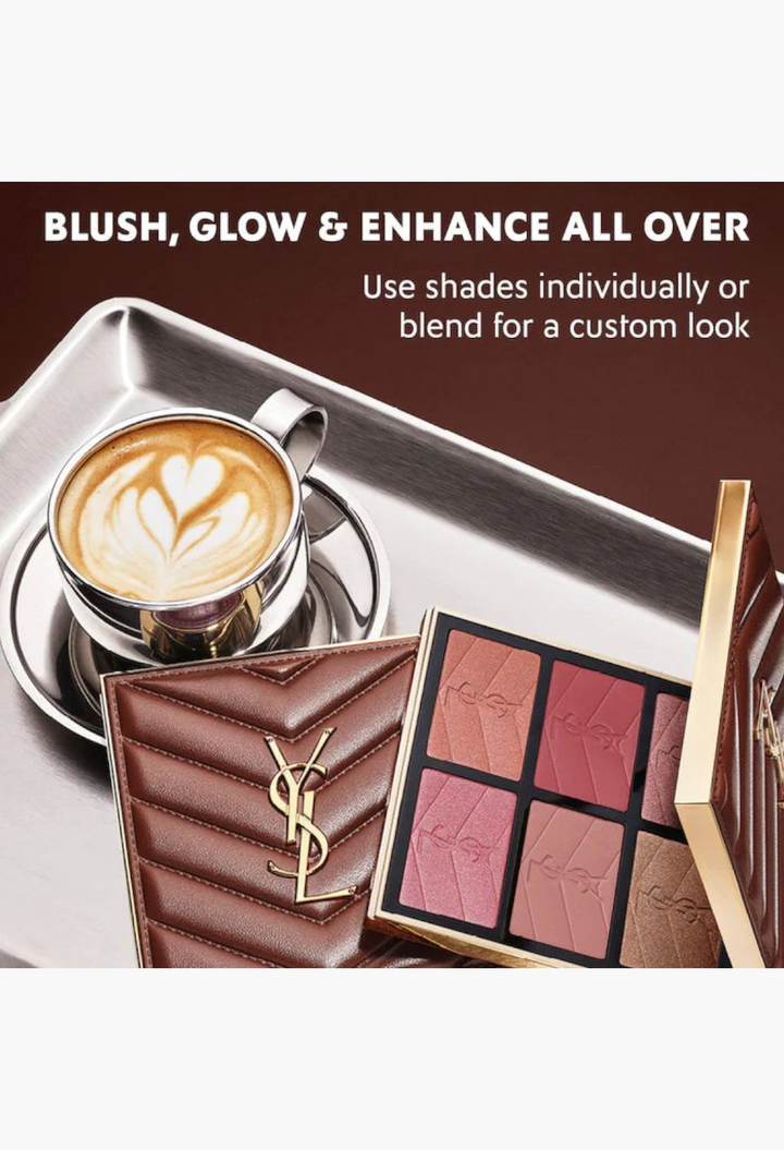 GLAM MODA YSL Brewed Reflections Couture Face Palette featuring six blush and highlighter shades in a quilted case.