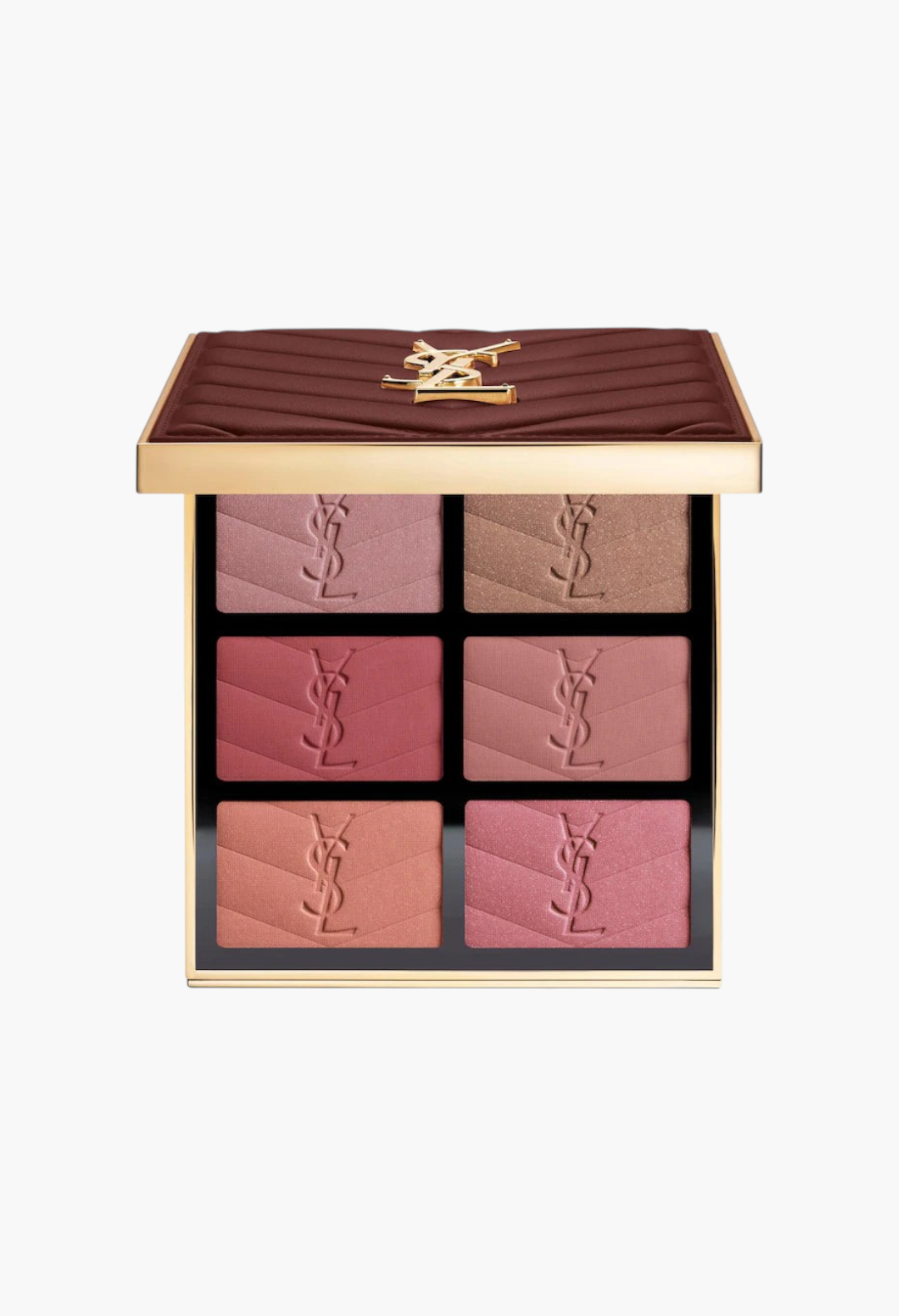 GLAM MODA YSL Brewed Reflections Couture Face Palette with six blush and blushlighter shades in an espresso case.