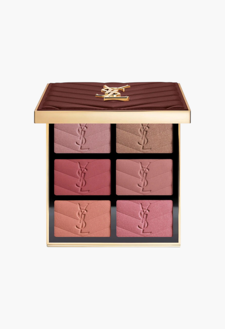GLAM MODA YSL Brewed Reflections Couture Face Palette with six blush and blushlighter shades in an espresso case.