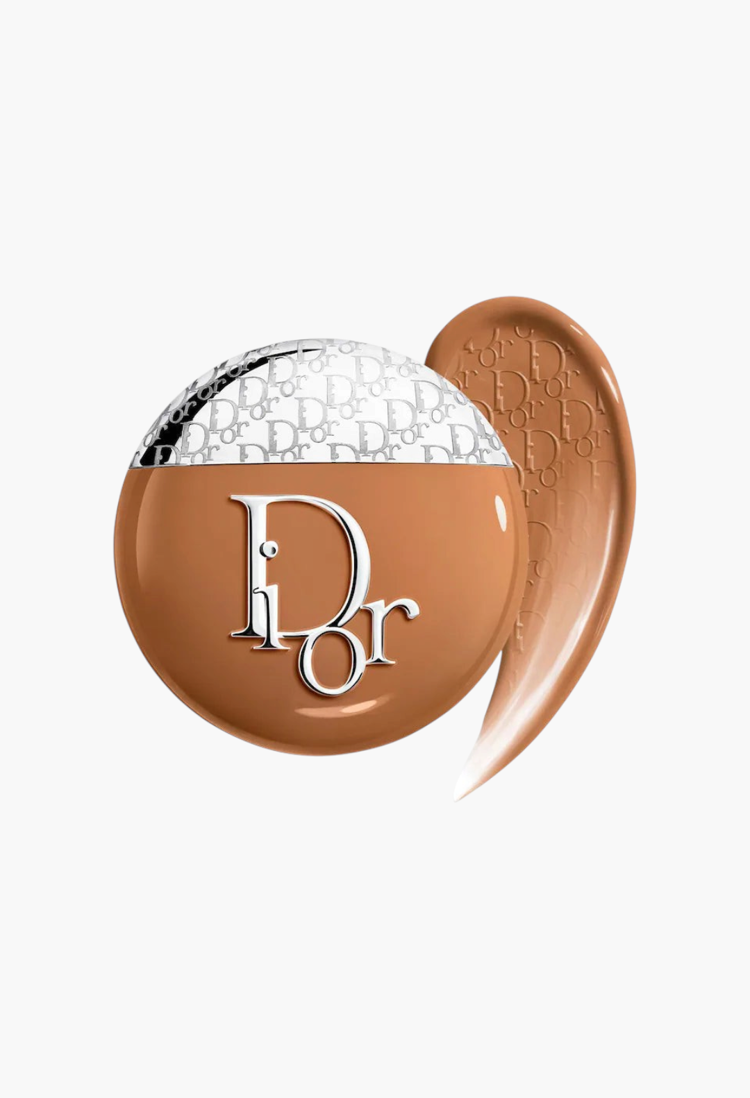 GLAM MODA Dior Backstage Glow-Up Skin Tint in a deep tan shade with a creamy liquid texture and silver logo cap.