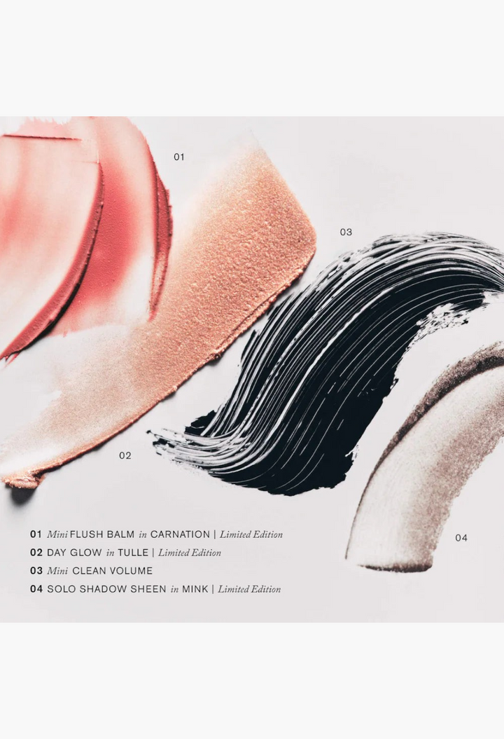 GLAM MODA MERIT x Erdem makeup swatches including pink blush, rose bronze highlighter, black mascara, and brown shadow