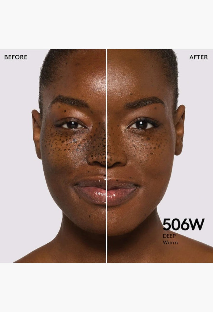 GLAM MODA Pro Filt'r foundation 506W deep warm shade showing before and after application on dark skin with freckles