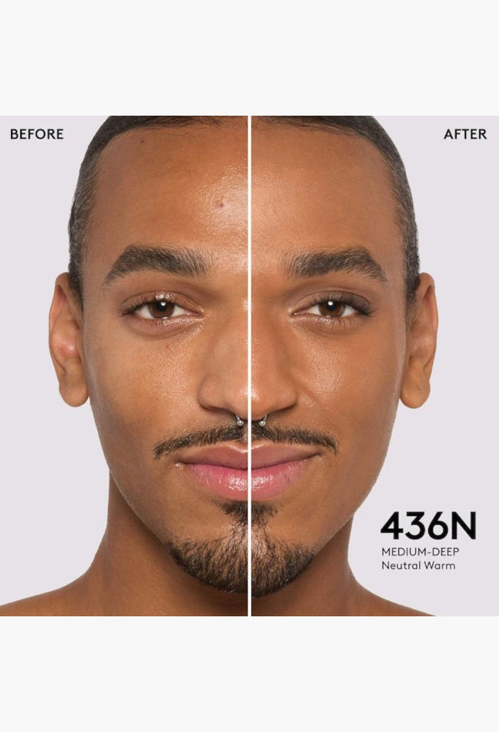GLAM MODA Pro Filt'r foundation before and after application on medium-deep skin with a natural matte finish