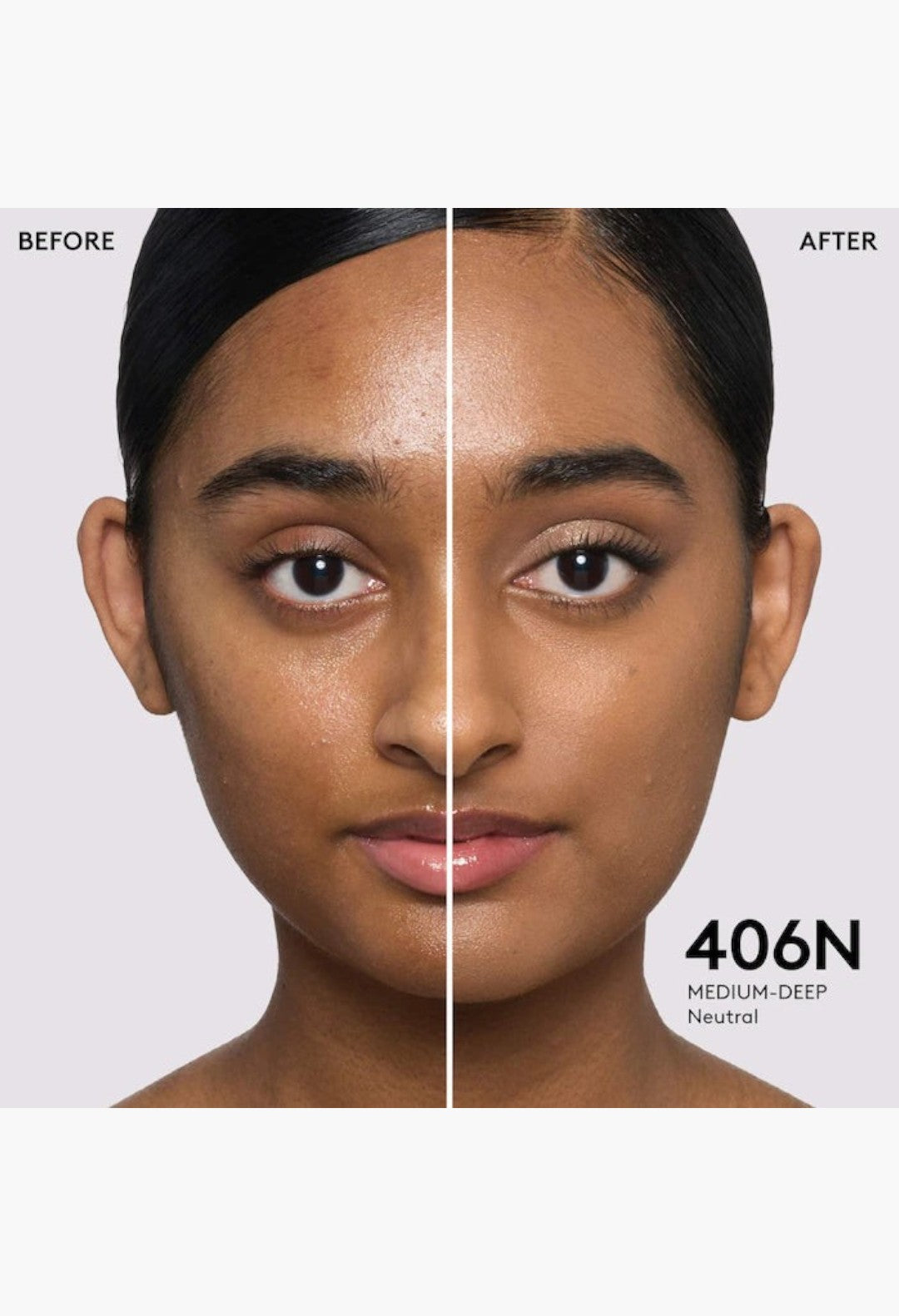 GLAM MODA Pro Filt'r foundation before and after application on a model showing medium-deep neutral 406N skin tone