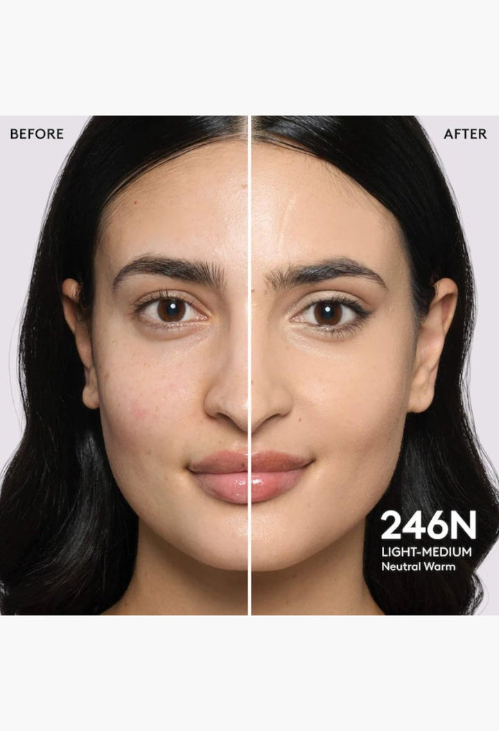 GLAM MODA Pro Filt'r foundation before and after application on a model showing medium coverage and natural matte finish