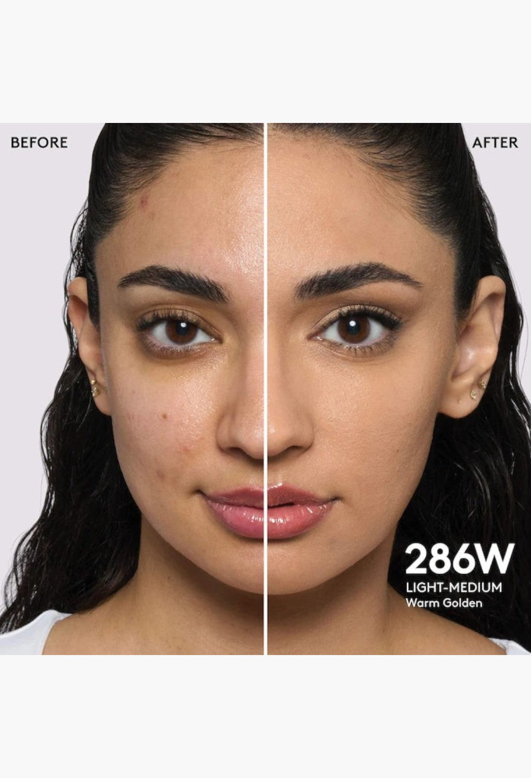 GLAM MODA Pro Filt'r foundation before and after application showing medium coverage on light-medium warm golden skin