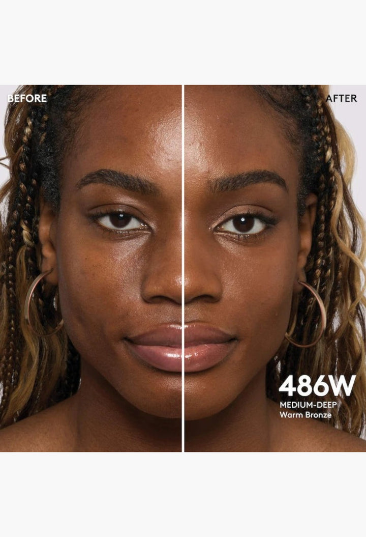 GLAM MODA Pro Filt'r foundation before and after application on a model with medium-deep warm bronze skin tone