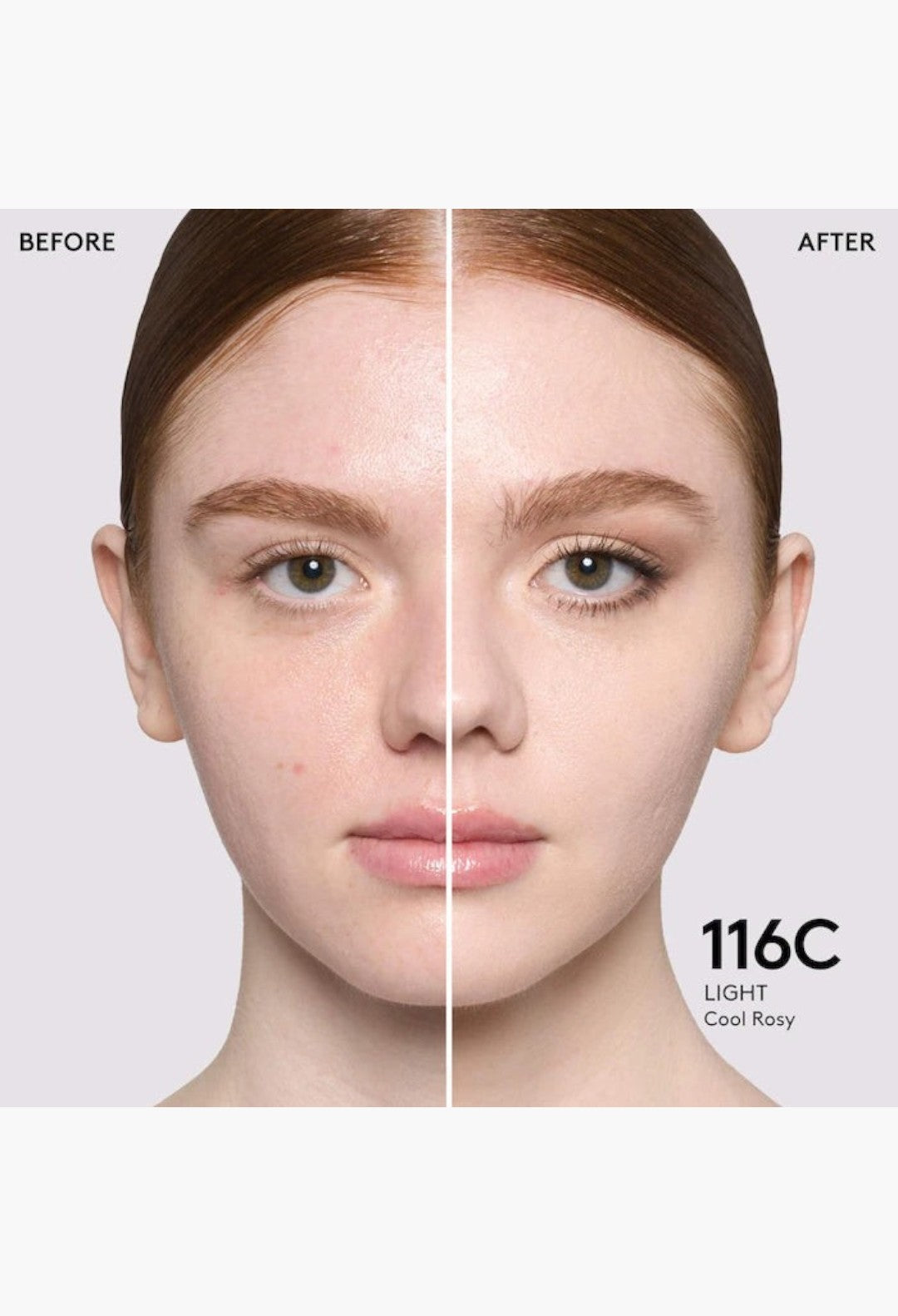 GLAM MODA Pro Filt'r foundation before and after application on a model showing natural matte coverage for 116C shade