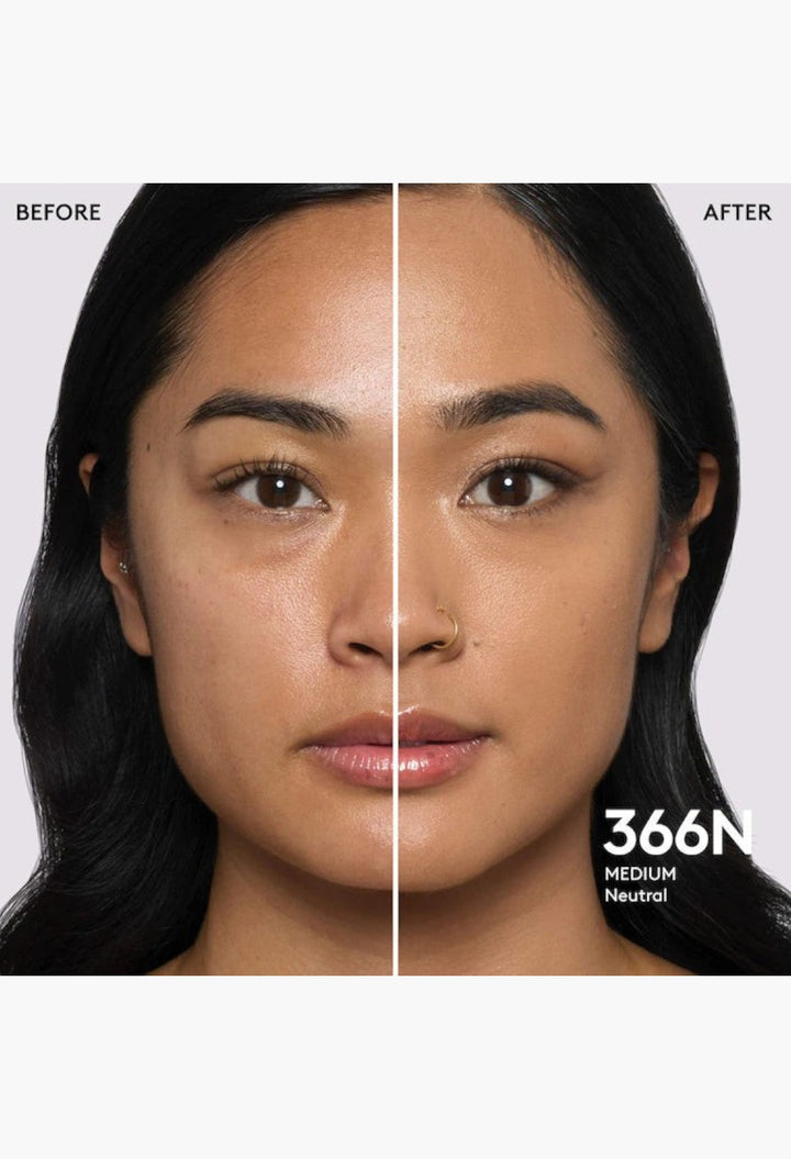 GLAM MODA Pro Filt'r foundation before and after application on a model showing medium coverage and natural finish.