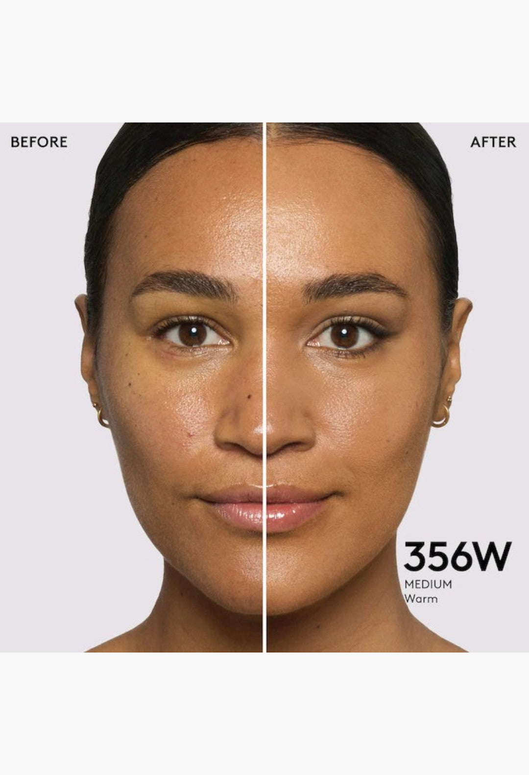GLAM MODA Pro Filt'r foundation before and after application on a model showing medium coverage and natural matte finish