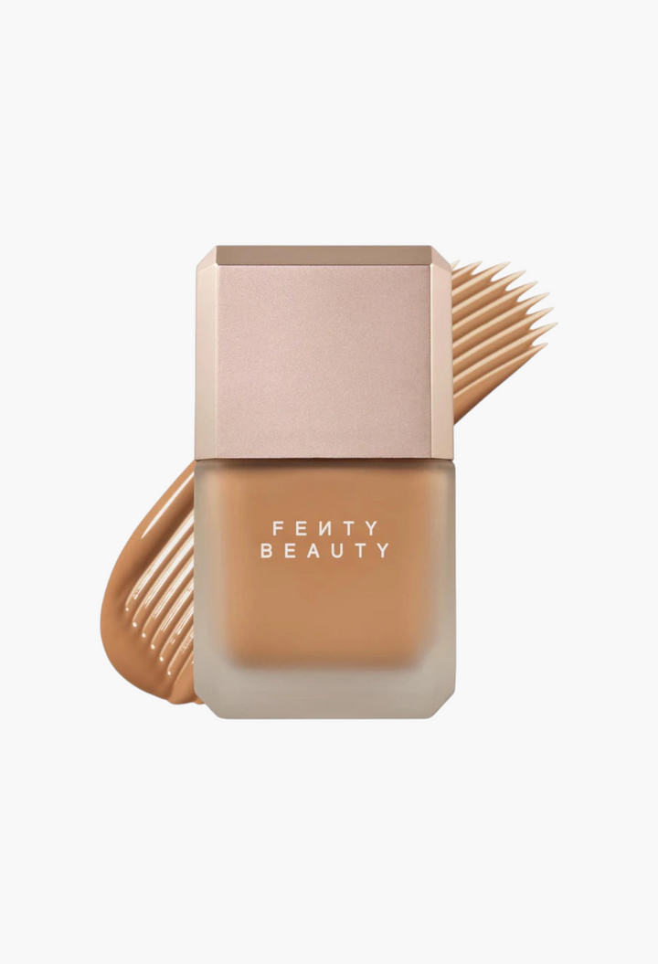 GLAM MODA Fenty Beauty Pro Filt'r longwear liquid foundation in a frosted glass bottle with a beige cap and swatch