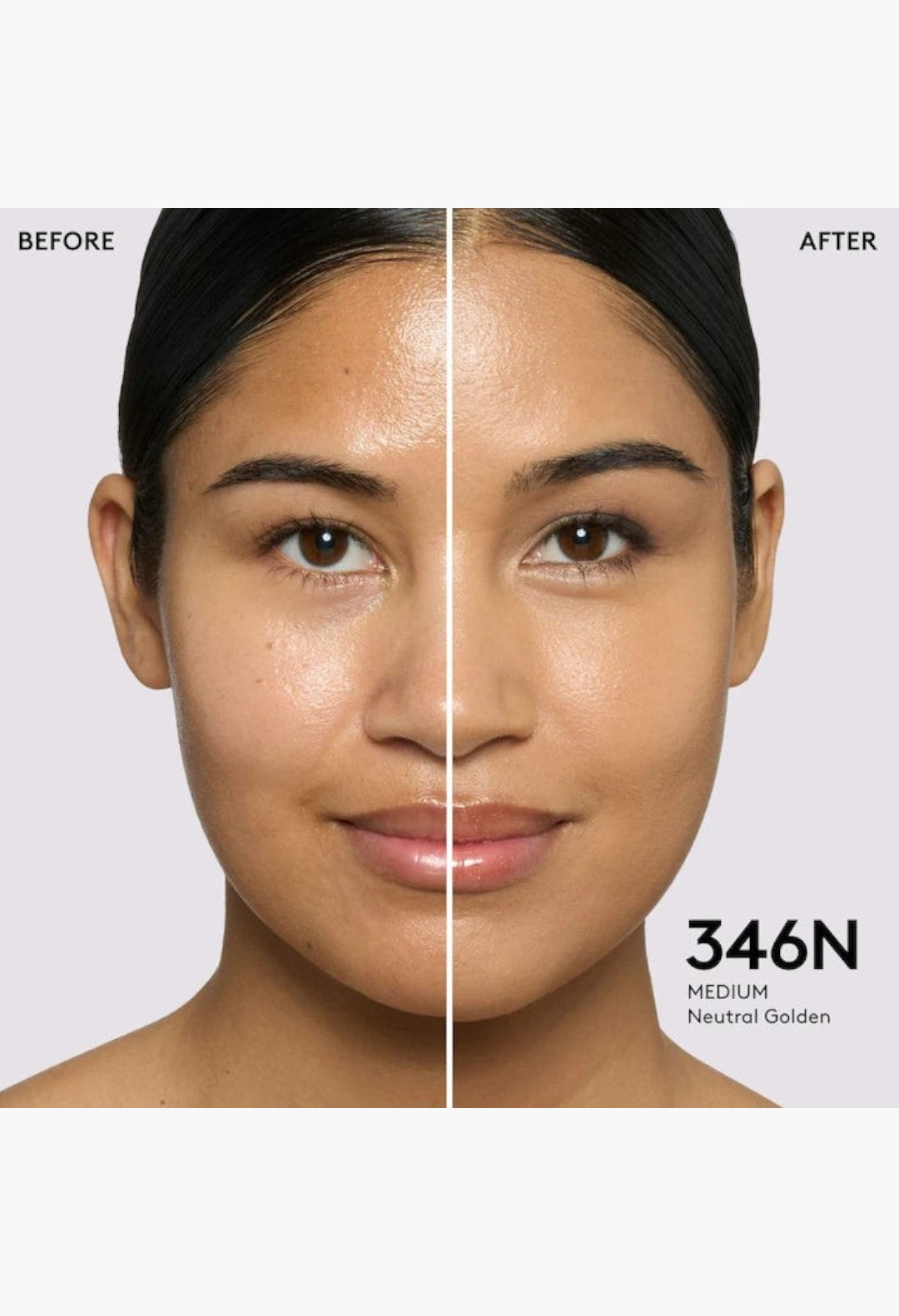 GLAM MODA Pro Filt'r foundation before and after application on a model showing medium coverage and natural matte finish
