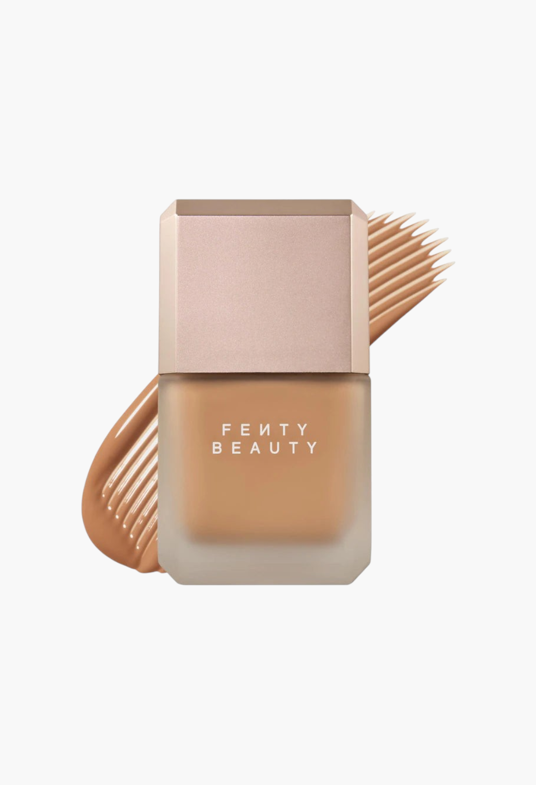 GLAM MODA Fenty Beauty Pro Filt'r liquid foundation bottle with a matte finish and a tan shade swatch behind it
