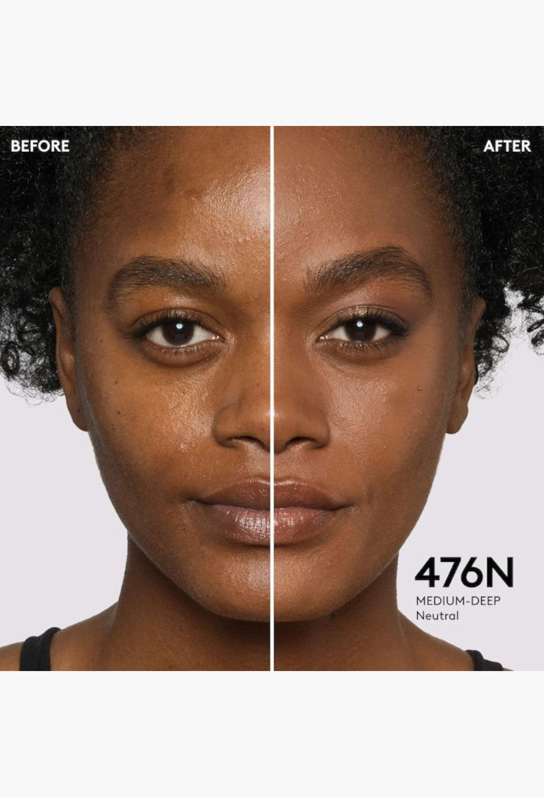 GLAM MODA Pro Filt'r foundation before and after application on a model with medium-deep neutral skin tone