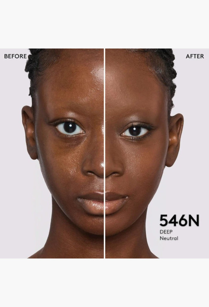GLAM MODA Pro Filt'r foundation before and after application on deep skin tone with a natural matte finish