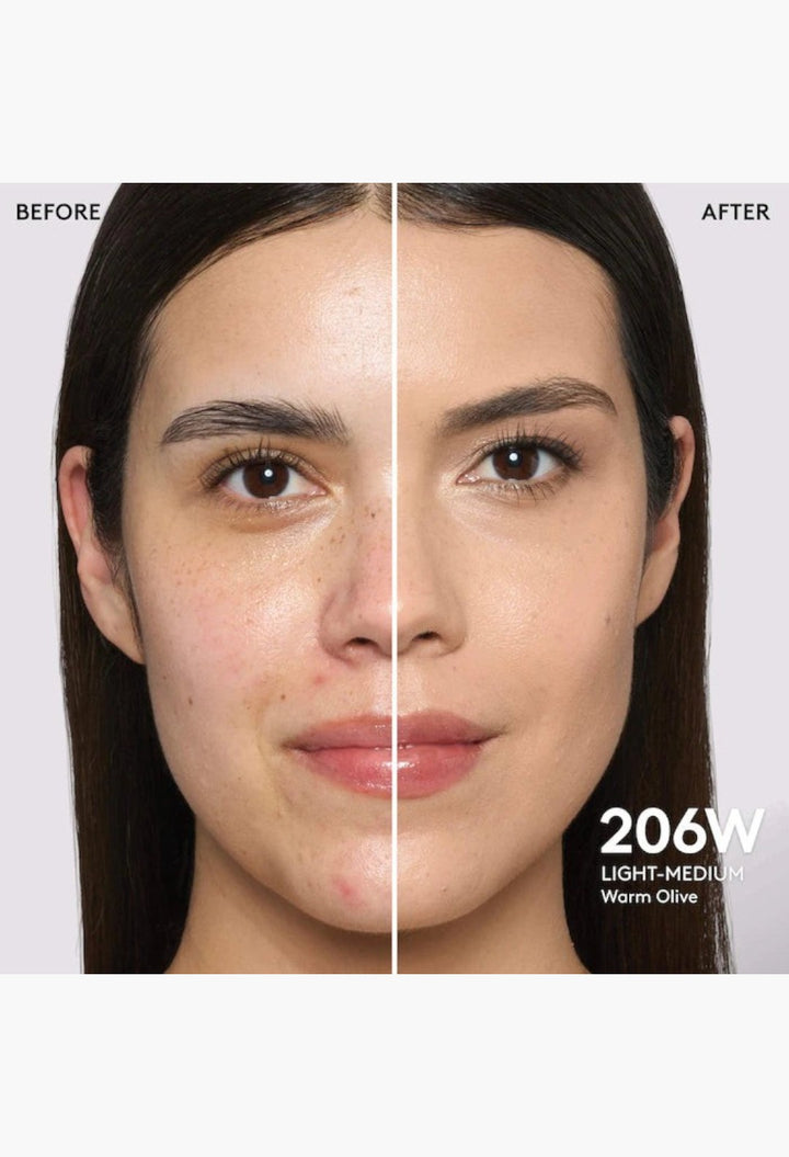 GLAM MODA Pro Filt'r foundation before and after application showing medium coverage on light-medium warm olive skin.