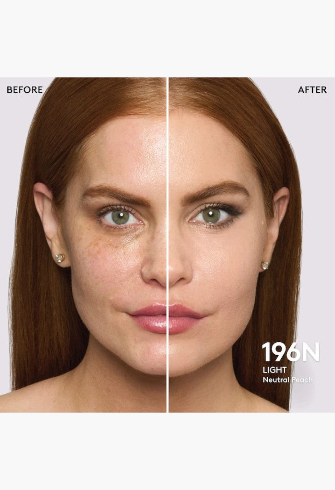 GLAM MODA Pro Filt'r foundation before and after application on a model showing natural matte coverage in shade 196N