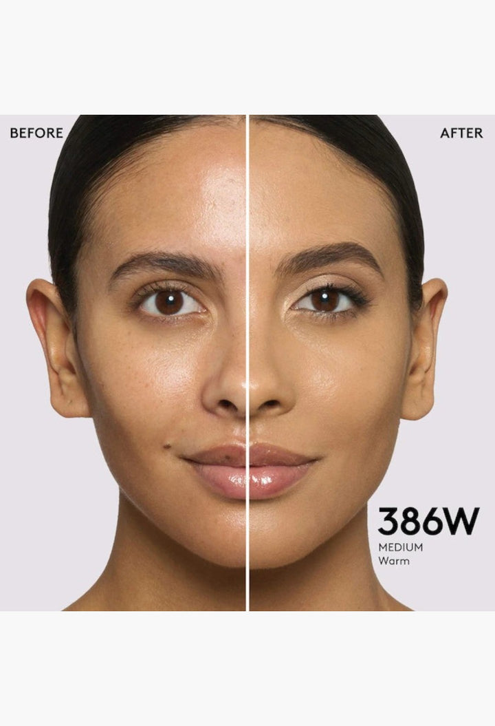 GLAM MODA Pro Filt'r foundation before and after application on a model showing medium coverage and natural matte finish