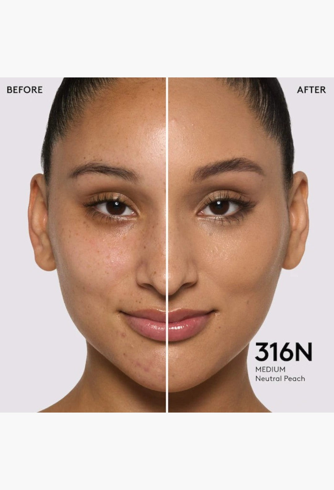 GLAM MODA Pro Filt'r foundation before and after application on a model showing medium coverage and natural finish