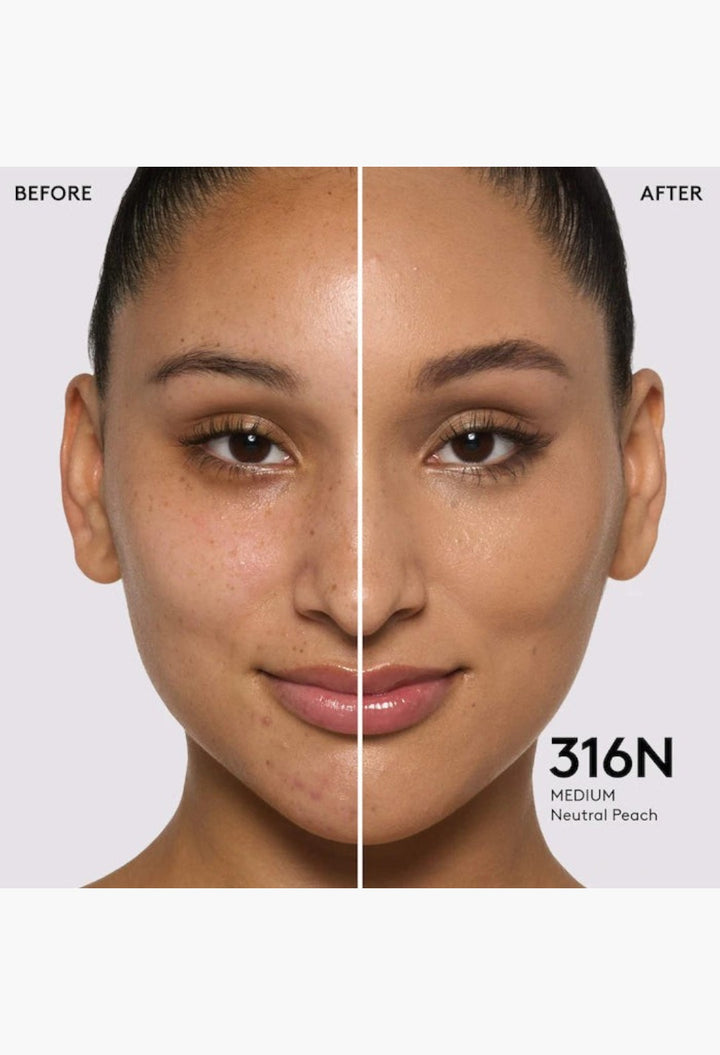 GLAM MODA Pro Filt'r foundation before and after application on a model showing medium coverage and natural finish