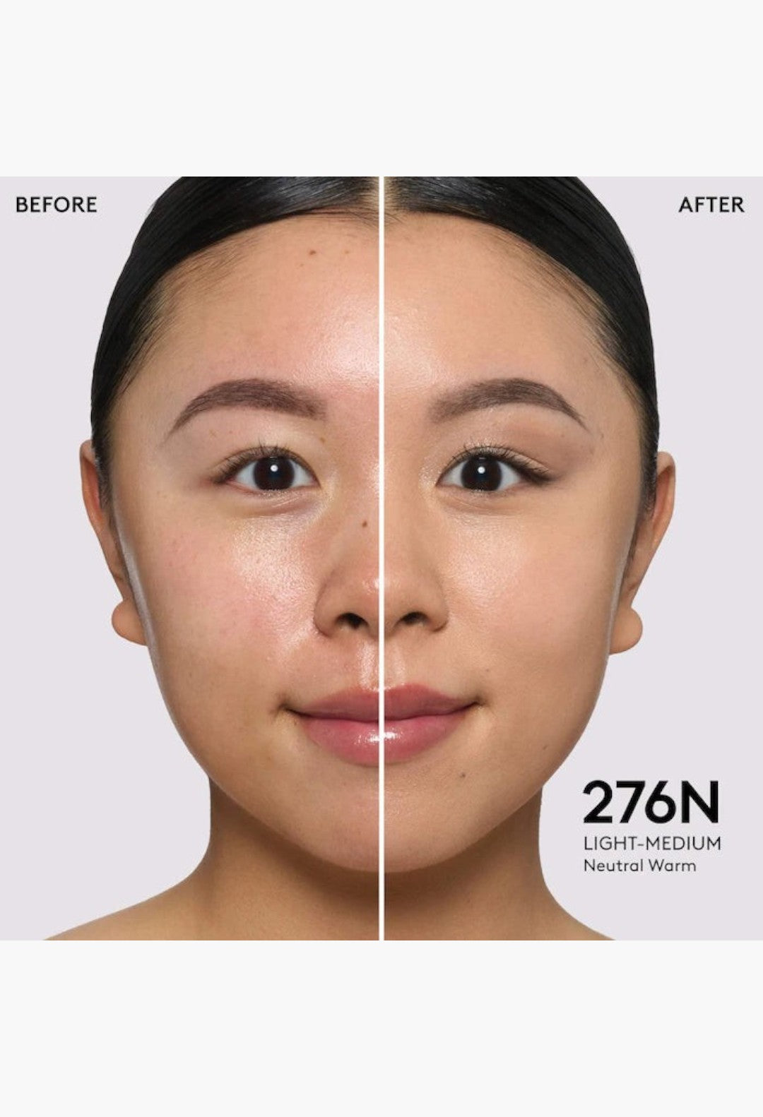 GLAM MODA Pro Filt'r Fluid Flex foundation before and after application on model showing medium coverage matte finish