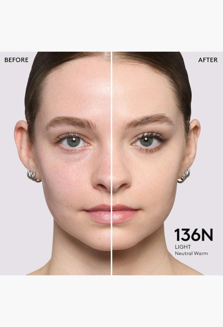 GLAM MODA Pro Filt'r foundation before and after application on a model showing medium coverage and natural matte finish