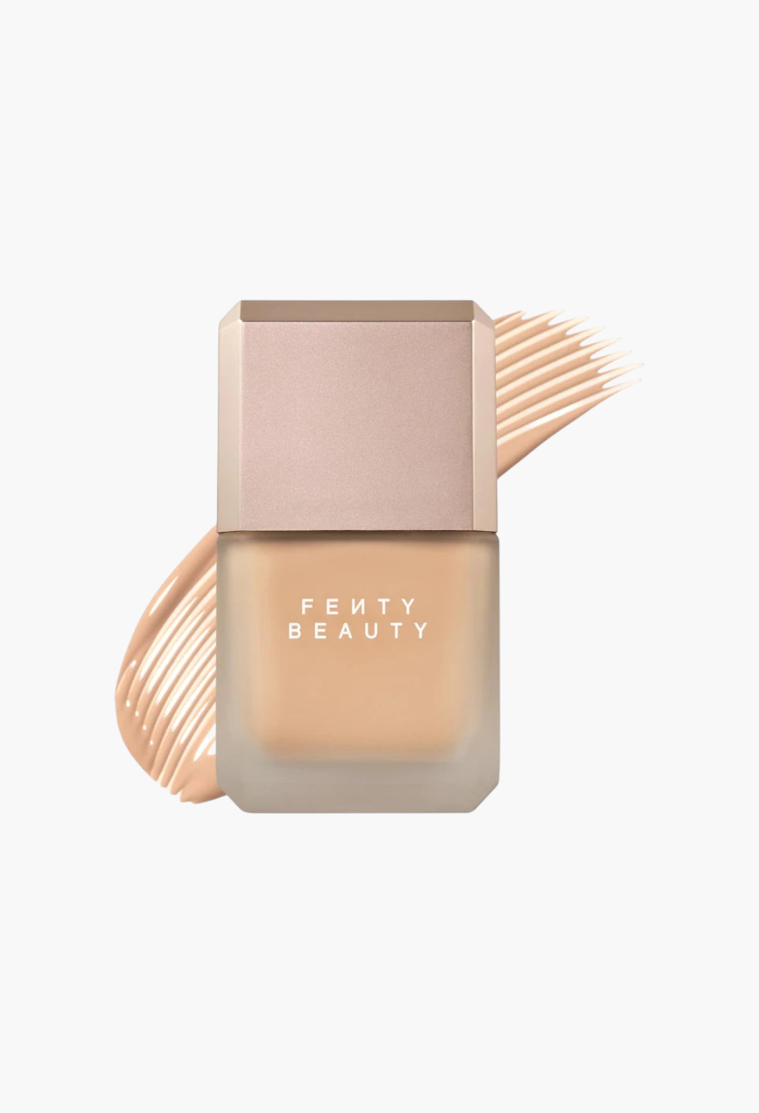 GLAM MODA Fenty Beauty Pro Filt'r liquid foundation in a frosted glass bottle with a beige cap and foundation swatch.