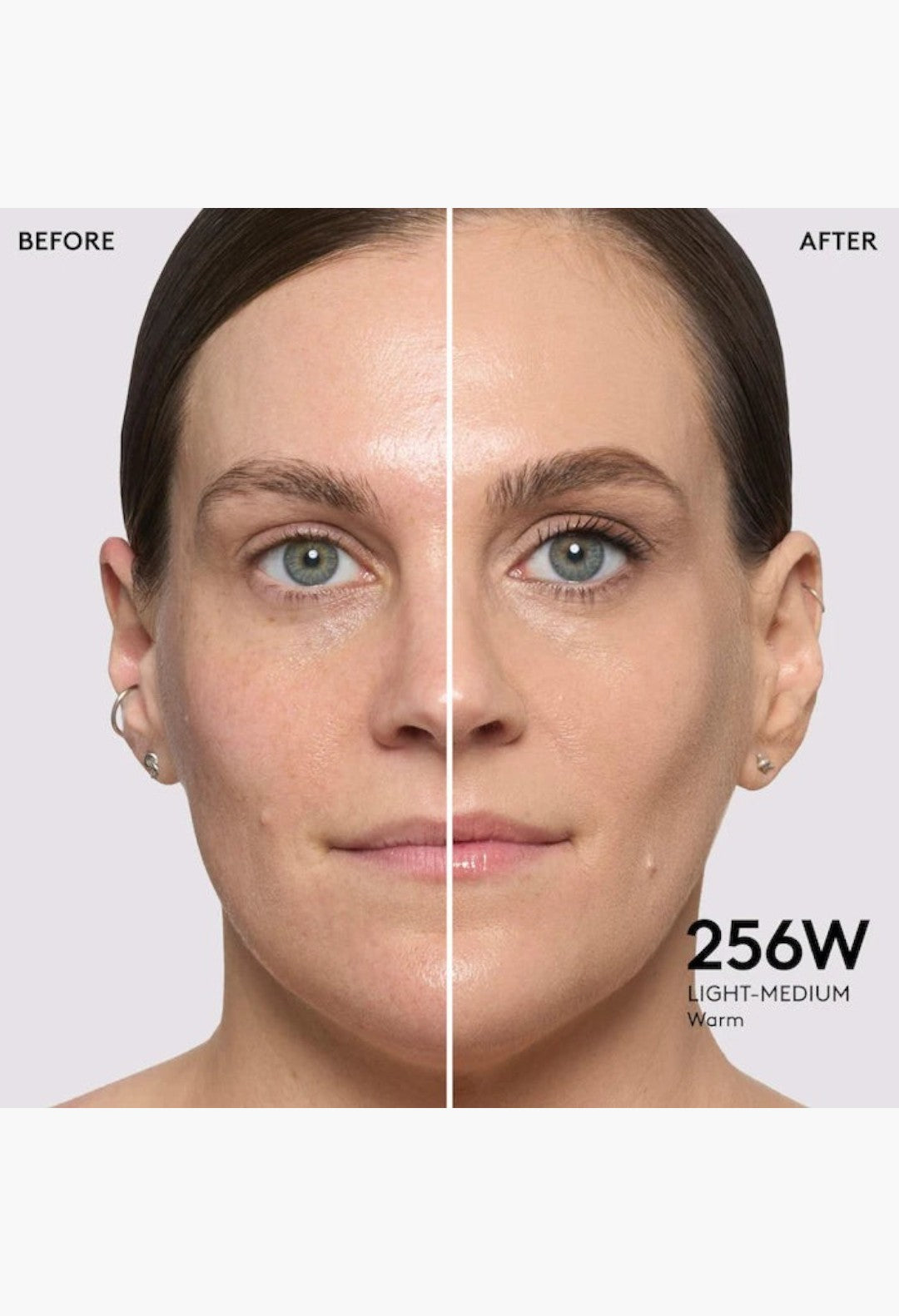 GLAM MODA Pro Filt'r foundation before and after application showing natural matte finish on light-medium warm skin
