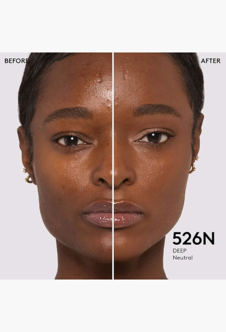 GLAM MODA Pro Filt'r foundation before and after application on deep neutral skin showing a natural matte finish