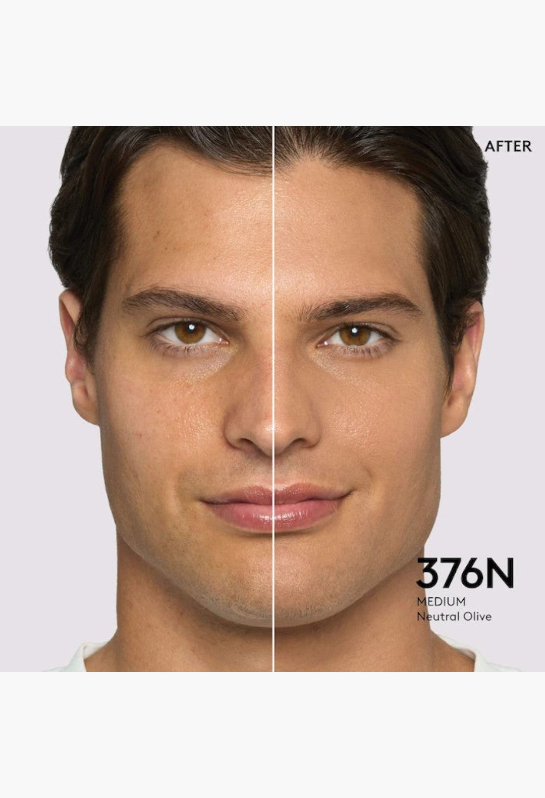 GLAM MODA Pro Filt'r foundation showing a split-face before and after comparison on a man with neutral olive skin.