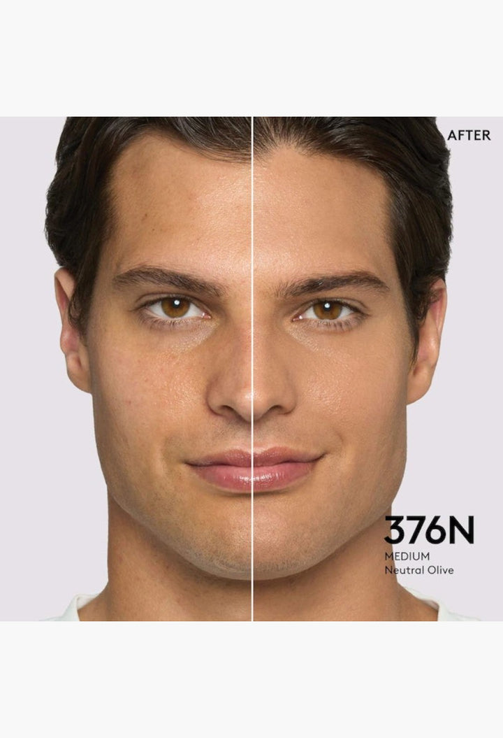 GLAM MODA Pro Filt'r foundation showing a split-face before and after comparison on a man with neutral olive skin.