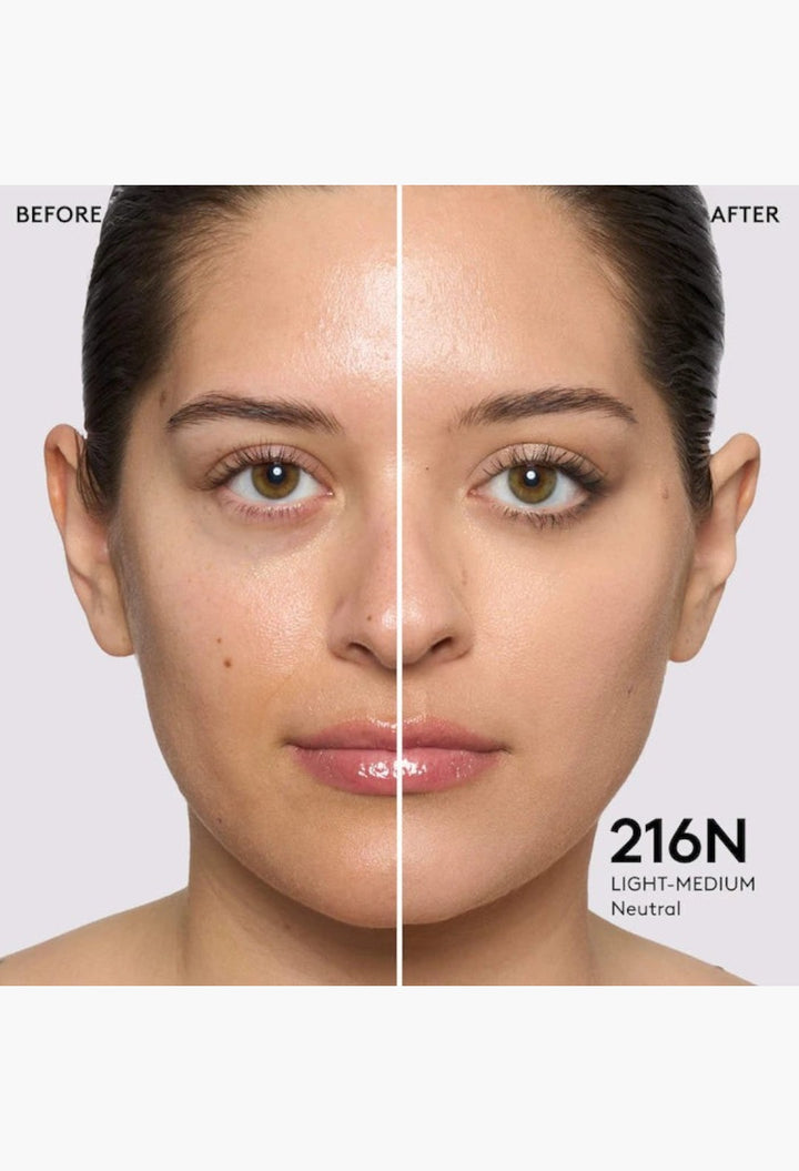 GLAM MODA Pro Filt'r foundation before and after application on a model showing natural matte medium coverage
