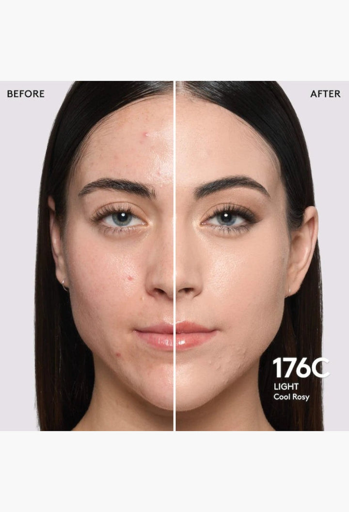 GLAM MODA Pro Filt'r foundation before and after application showing natural matte coverage on light cool rosy skin