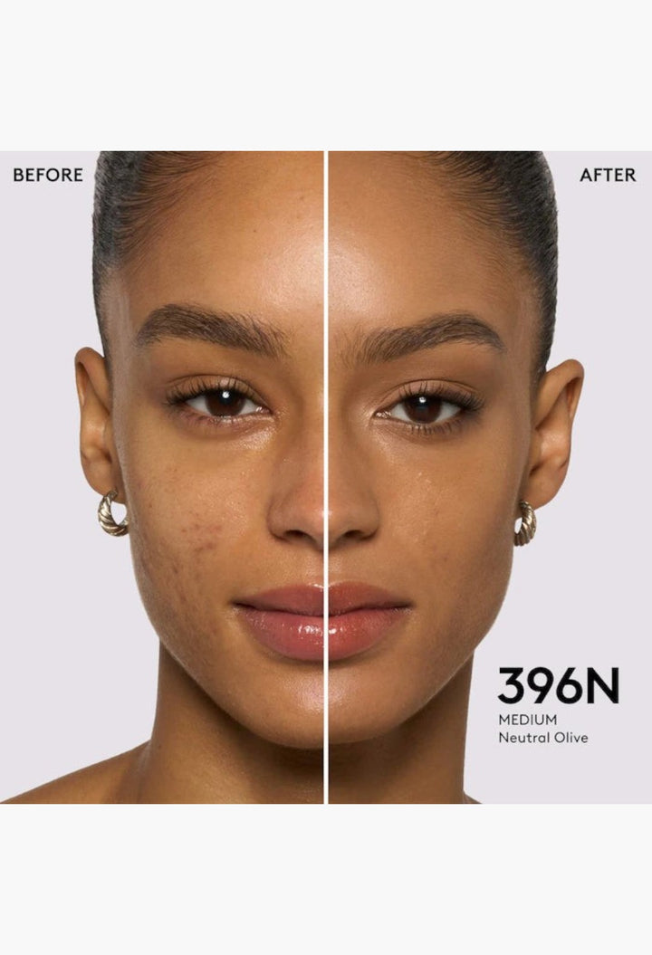 GLAM MODA Pro Filt'r foundation before and after application on a model showing medium coverage and natural finish