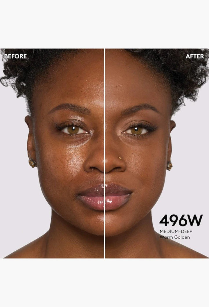 GLAM MODA Pro Filt'r foundation before and after application on a model with medium-deep warm golden skin tone.