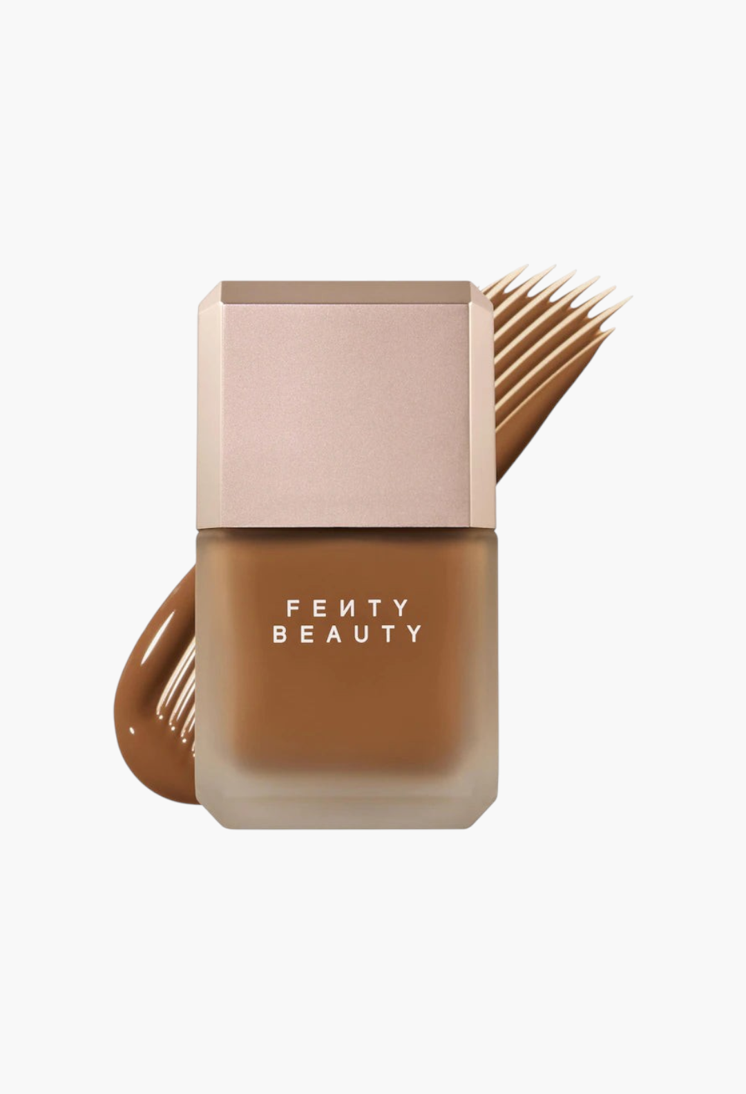 GLAM MODA Fenty Beauty Pro Filt'r longwear liquid foundation in a deep tan shade with a swatch of product behind it.
