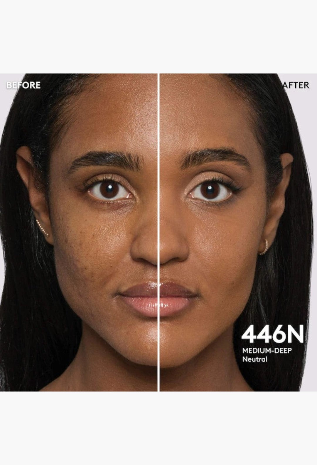 GLAM MODA Pro Filt'r foundation before and after application on medium-deep neutral skin showing natural matte finish