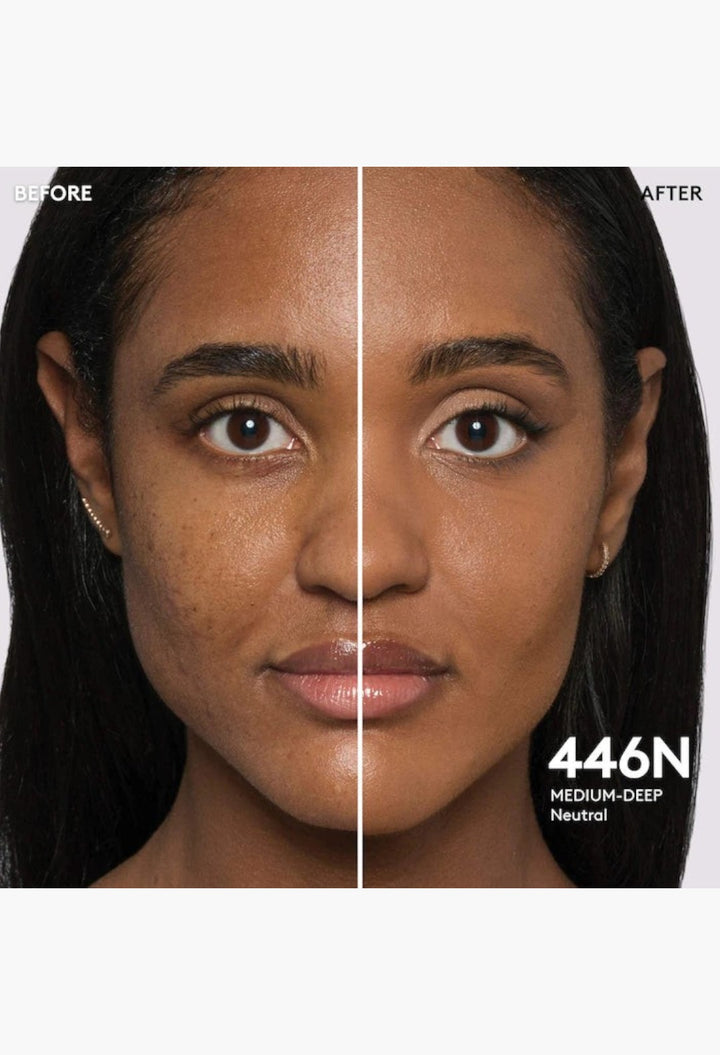 GLAM MODA Pro Filt'r foundation before and after application on medium-deep neutral skin showing natural matte finish