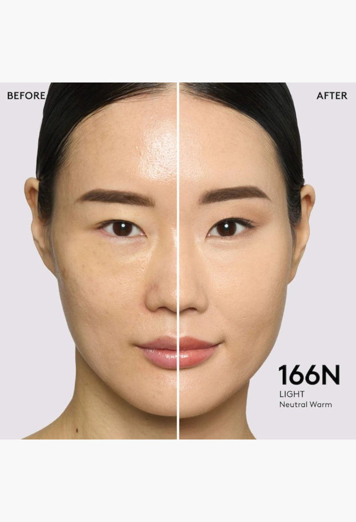 GLAM MODA Pro Filt'r foundation before and after application on a model showing natural matte medium coverage